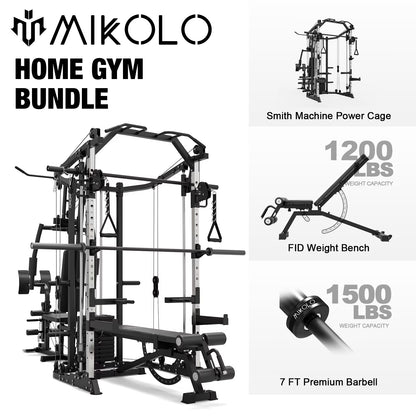 Smith Machine Power Cage, Multi-Function Home Gym System with Cable Crossover, 121LB Weight Stack